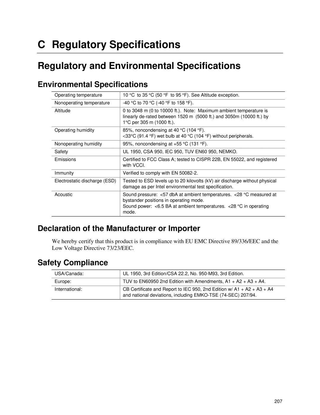 Intel SRPL8 manual Regulatory Specifications, Regulatory and Environmental Specifications, Safety Compliance 