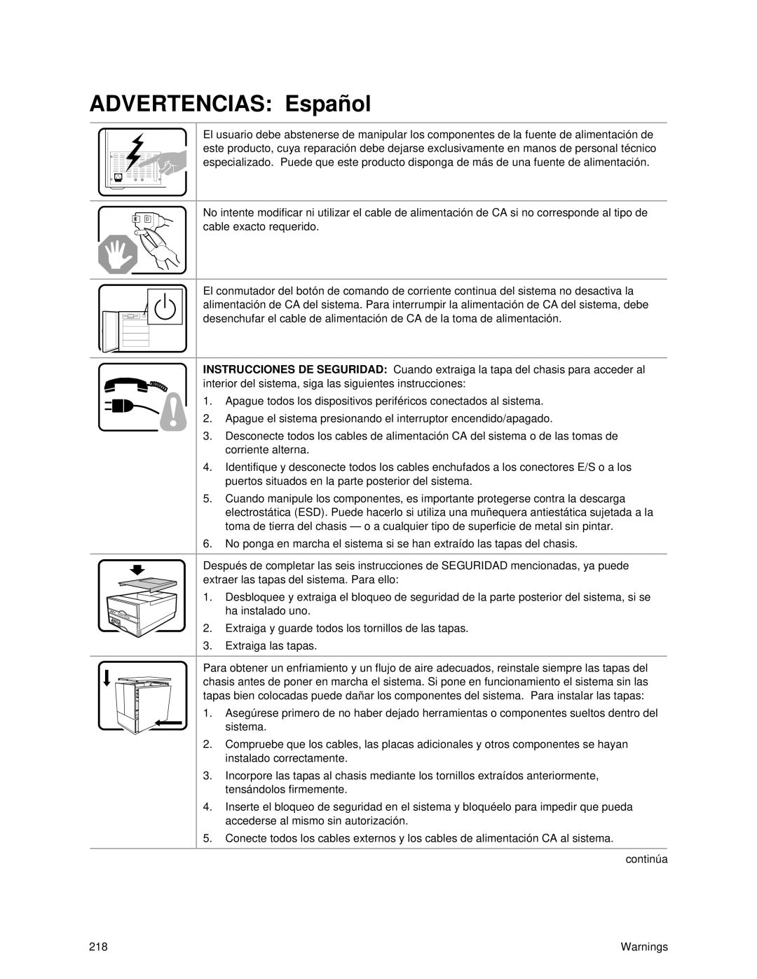 Intel SRPL8 manual Advertencias Español 