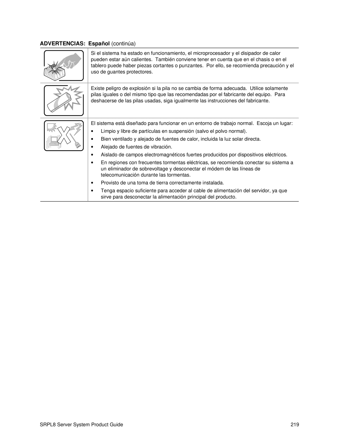 Intel SRPL8 manual Advertencias Españolcontinúa 