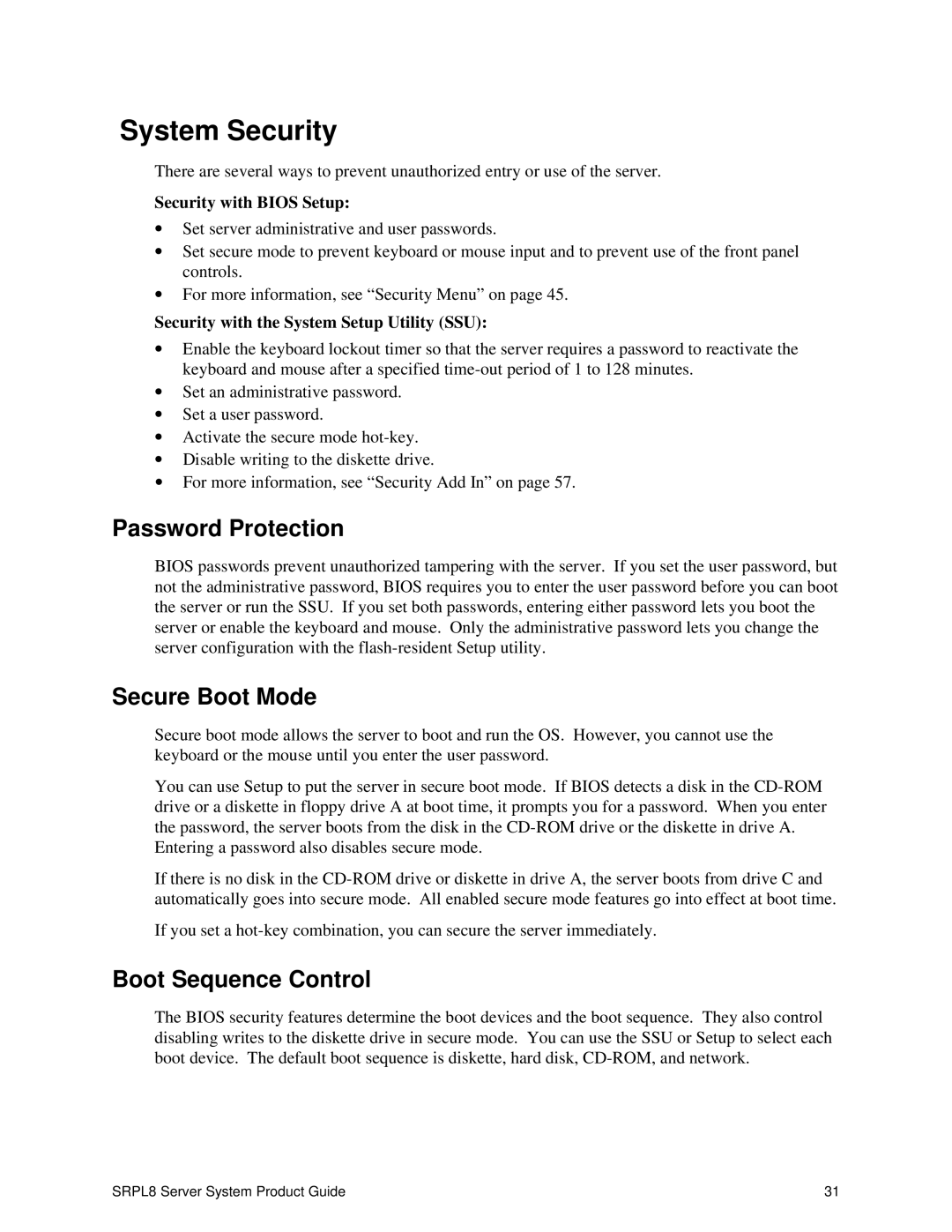 Intel SRPL8 manual System Security, Password Protection, Secure Boot Mode, Boot Sequence Control 