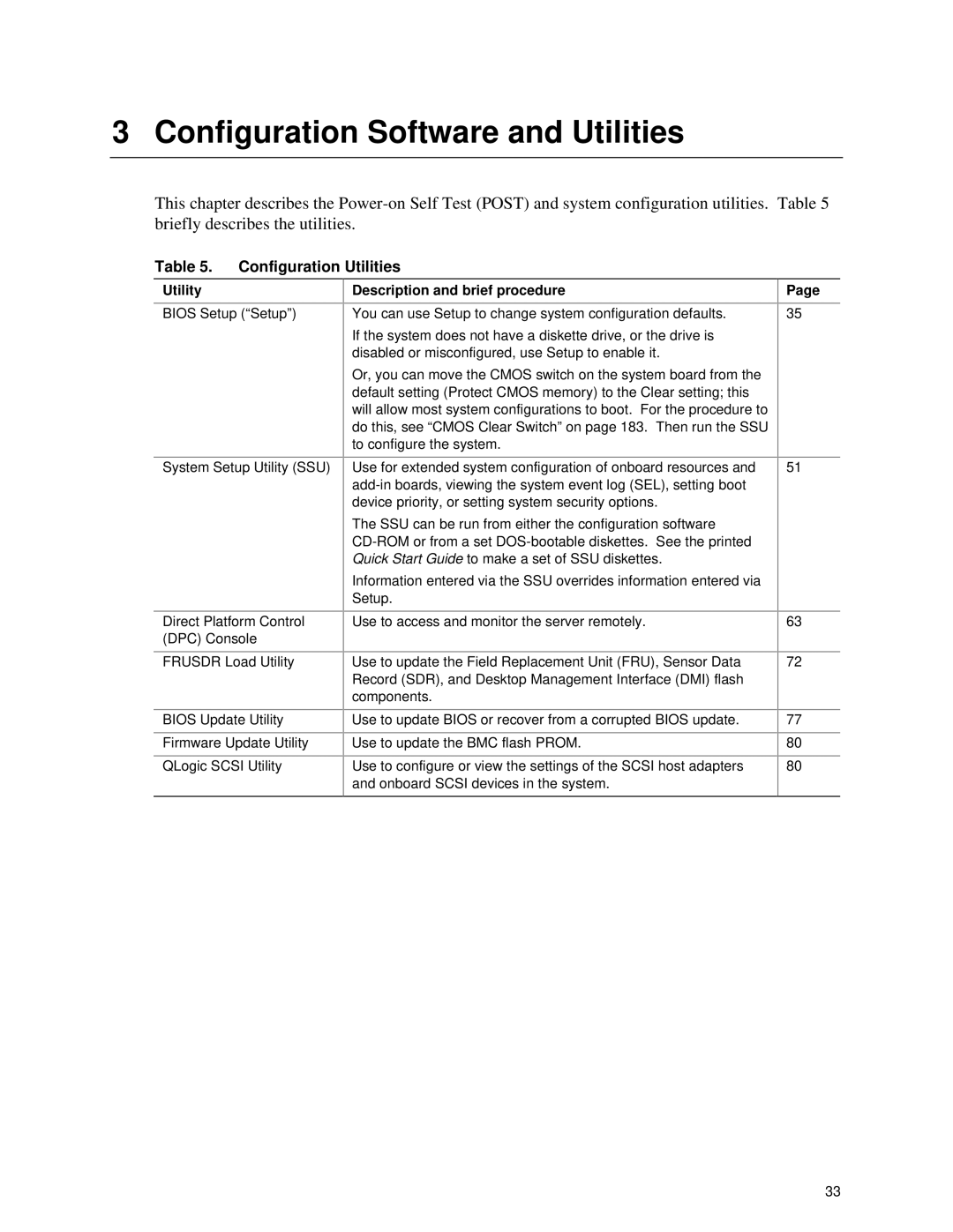 Intel SRPL8 manual Configuration Software and Utilities, Configuration Utilities, Utility, Description and brief procedure 