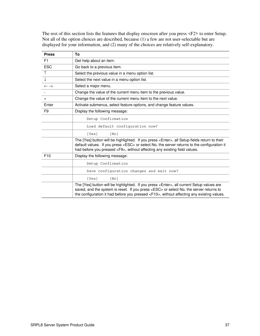 Intel SRPL8 manual Press, Esc 