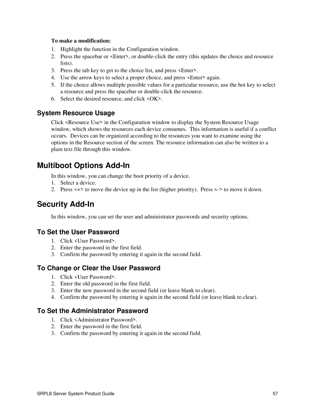 Intel SRPL8 manual Multiboot Options Add-In, Security Add-In 