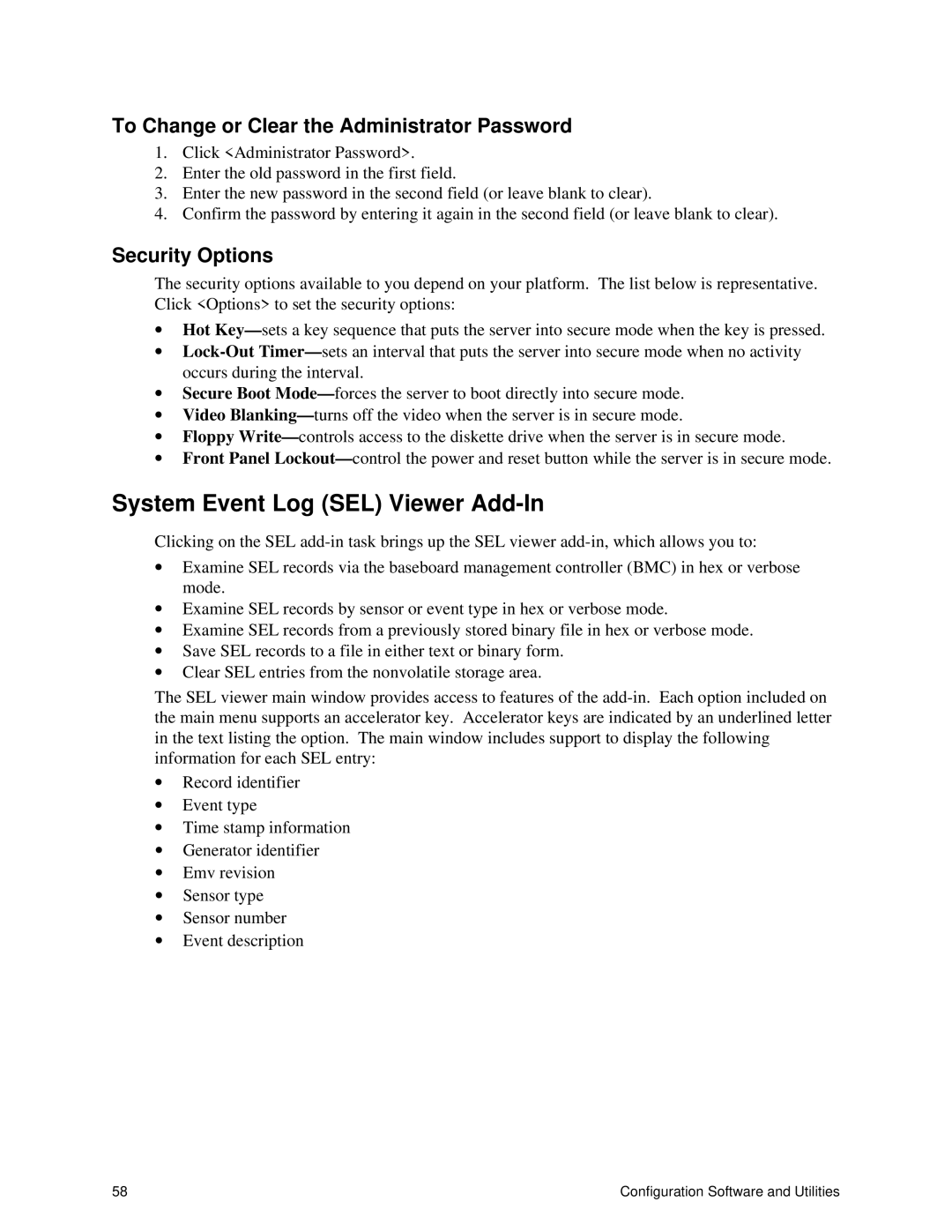 Intel SRPL8 manual System Event Log SEL Viewer Add-In, To Change or Clear the Administrator Password, Security Options 