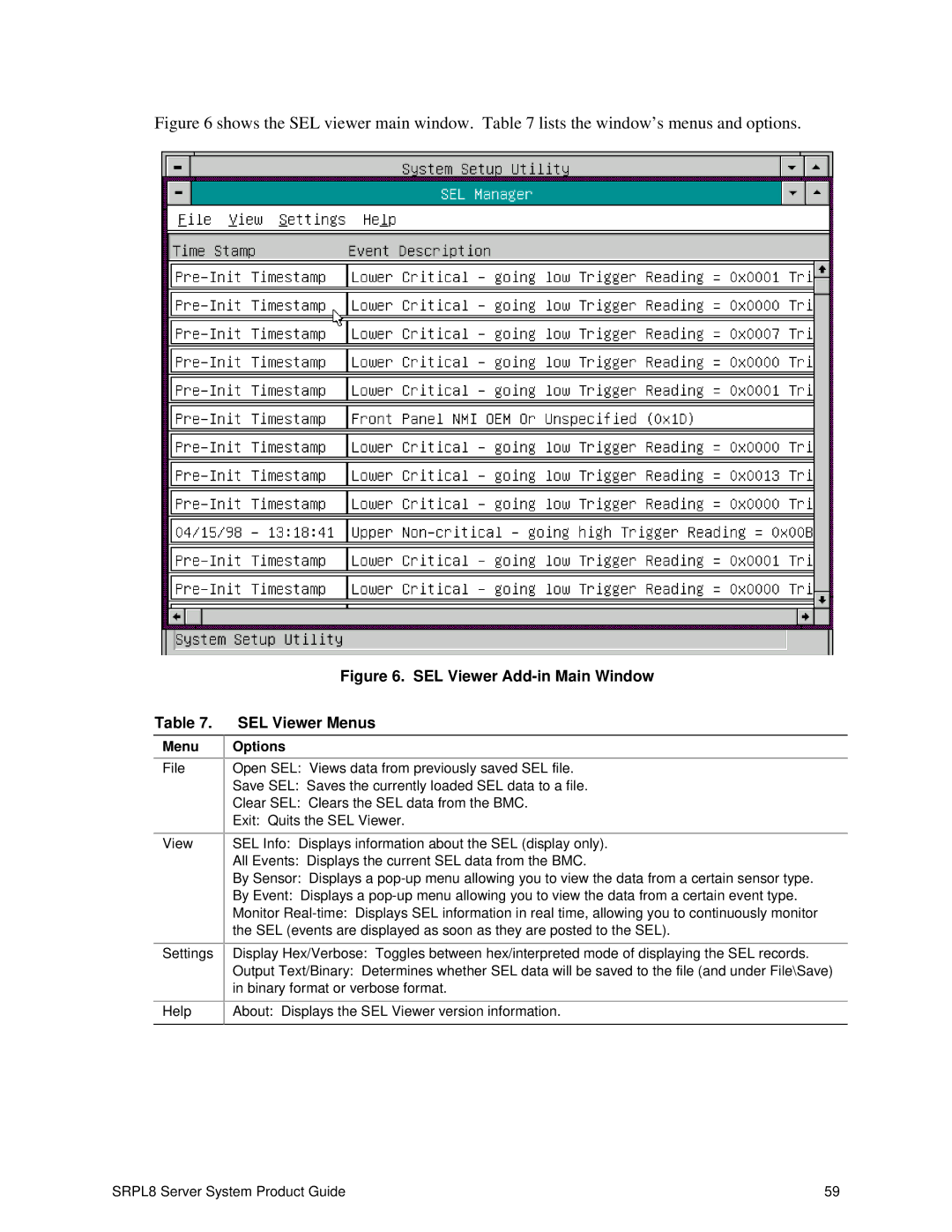 Intel SRPL8 manual Menu, Options 