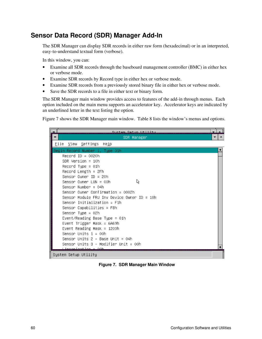 Intel SRPL8 manual Sensor Data Record SDR Manager Add-In, SDR Manager Main Window 