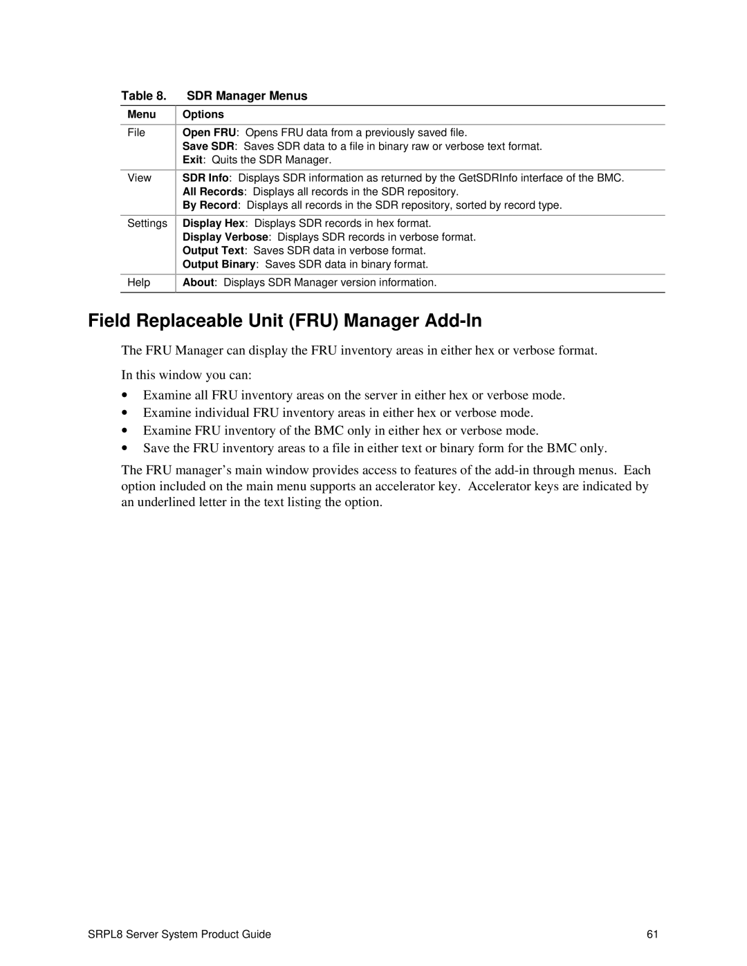 Intel SRPL8 manual Field Replaceable Unit FRU Manager Add-In, SDR Manager Menus 