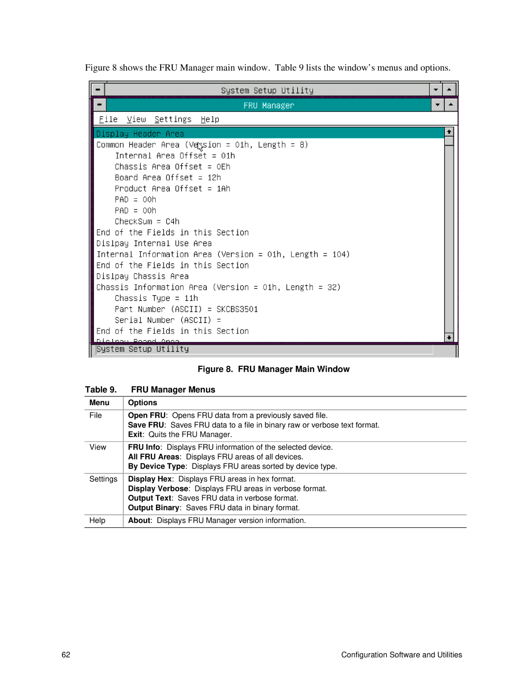 Intel SRPL8 manual FRU Manager Main Window FRU Manager Menus 