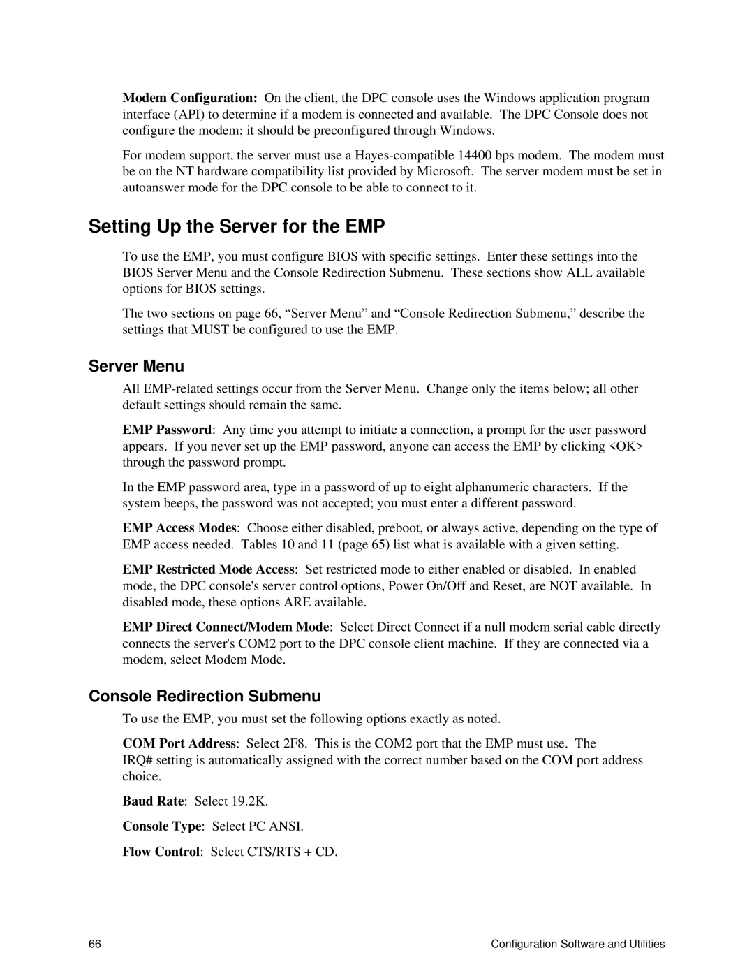 Intel SRPL8 manual Setting Up the Server for the EMP, Server Menu 