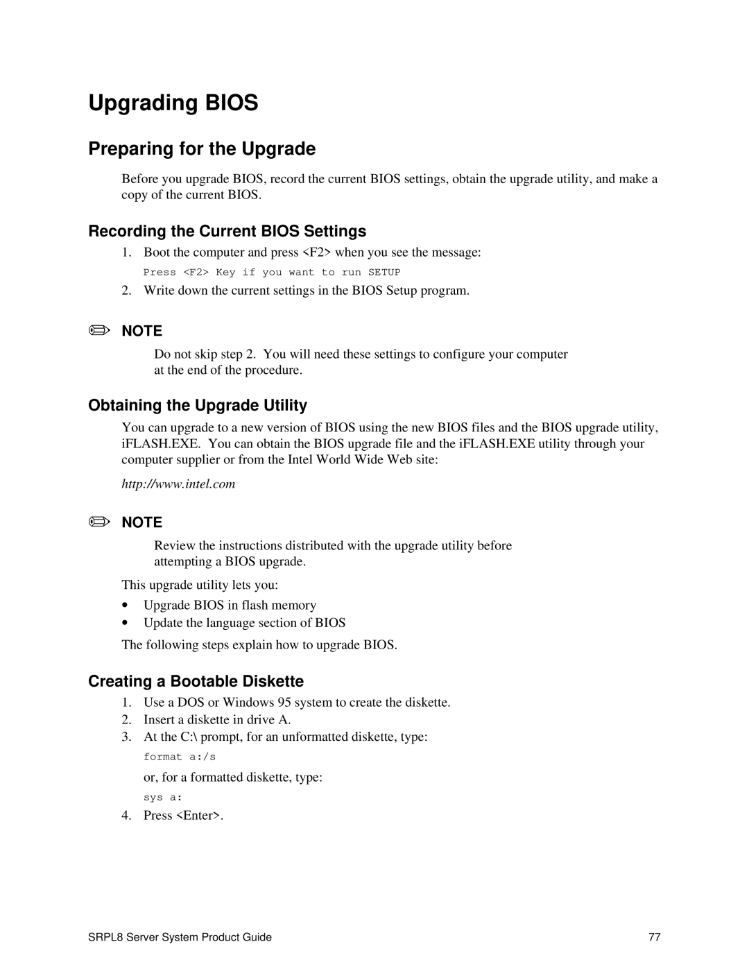 Intel SRPL8 Upgrading Bios, Preparing for the Upgrade, Recording the Current Bios Settings, Obtaining the Upgrade Utility 