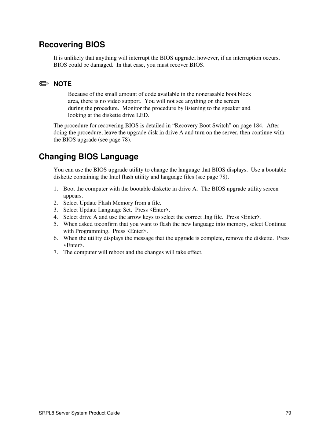 Intel SRPL8 manual Recovering Bios, Changing Bios Language 