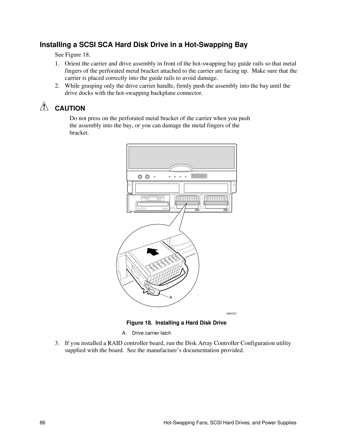 Intel SRPL8 manual Installing a Scsi SCA Hard Disk Drive in a Hot-Swapping Bay, Installing a Hard Disk Drive 