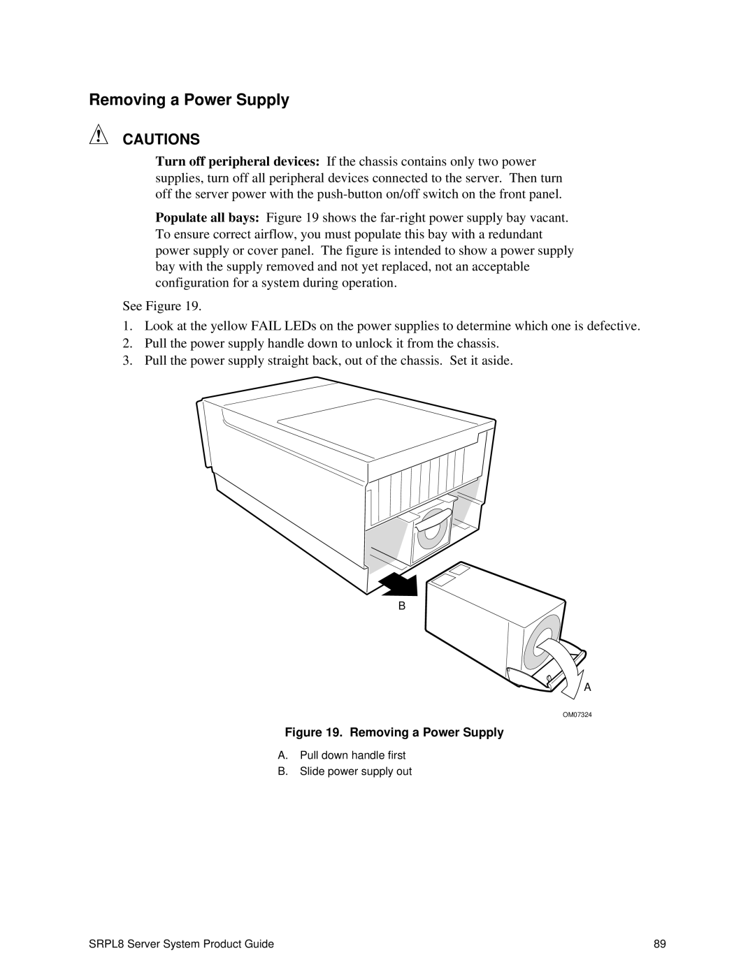 Intel SRPL8 manual Removing a Power Supply 