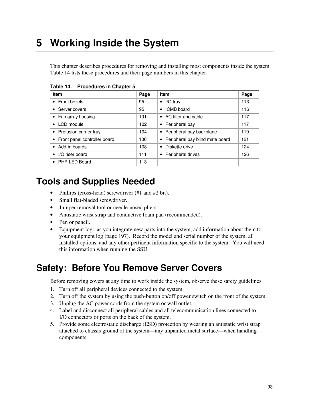 Intel SRPL8 manual Working Inside the System, Safety Before You Remove Server Covers, Procedures in Chapter 