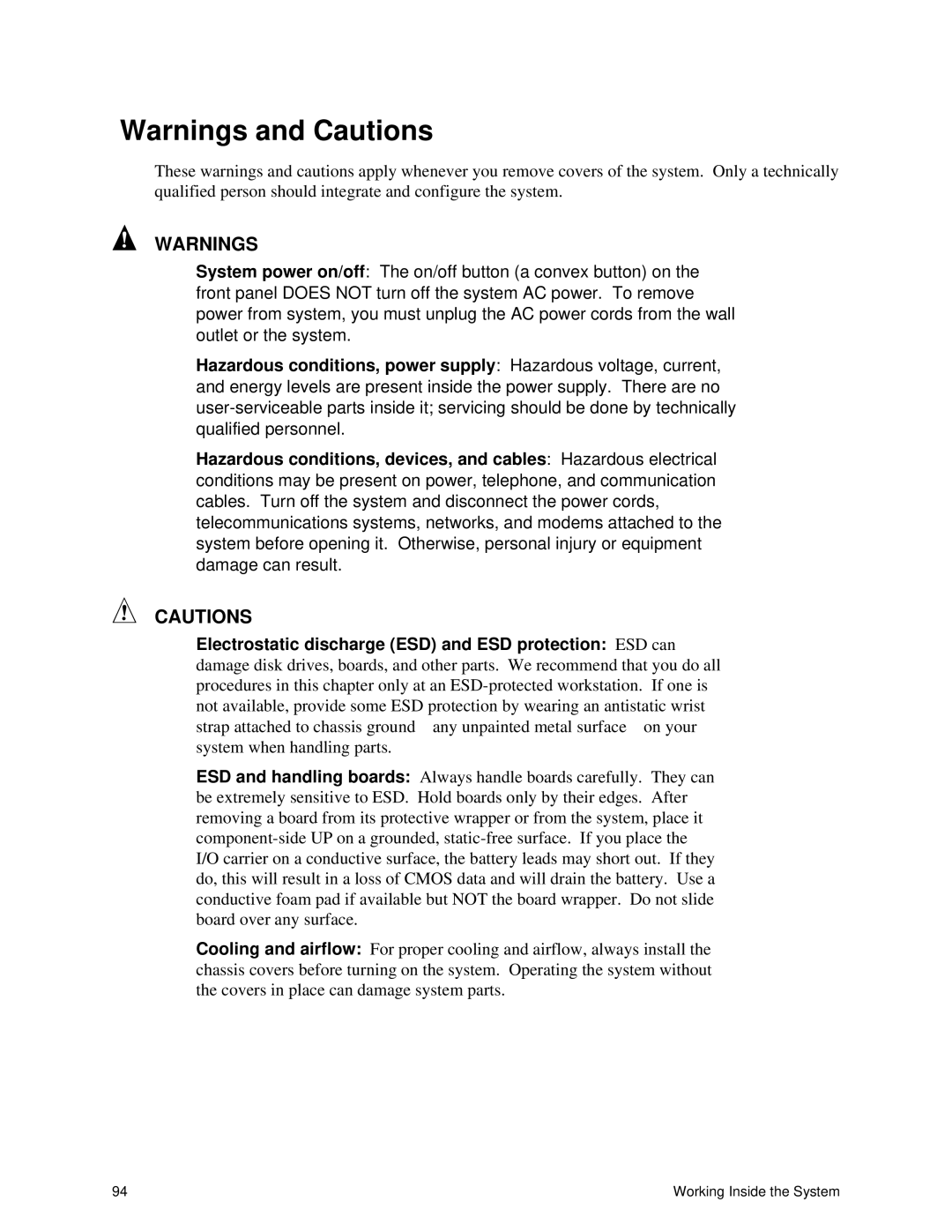 Intel SRPL8 manual Working Inside the System 