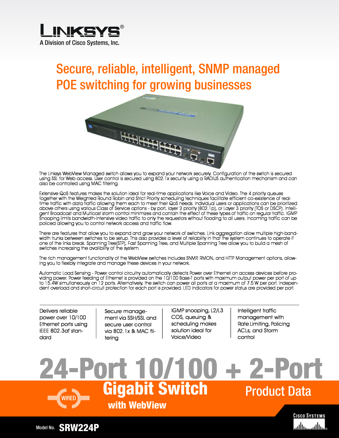 Intel SRW224P manual Port10/100 + 2-Port, Gigabit Switch, Product Data, with WebView 