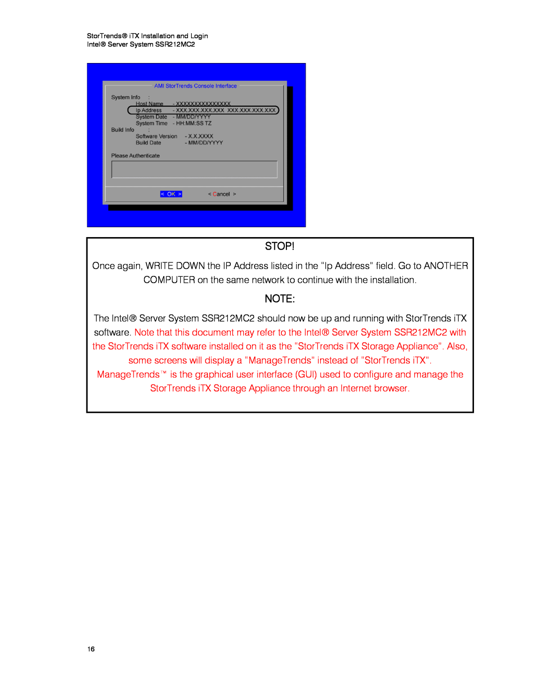Intel manual Stop, StorTrends iTX Installation and Login, Intel Server System SSR212MC2 
