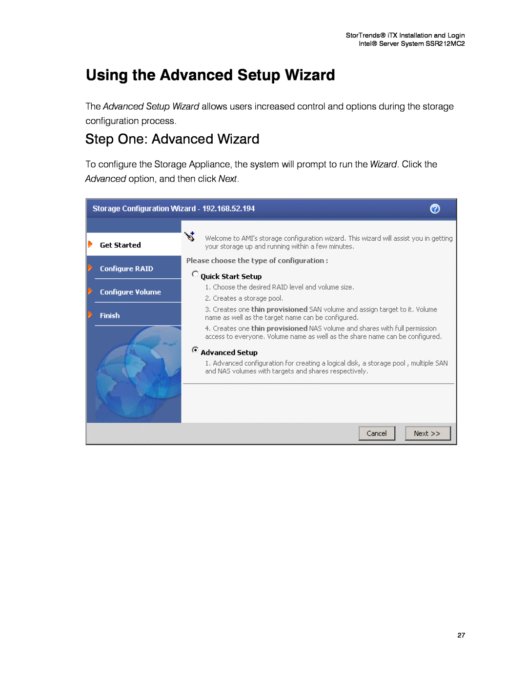 Intel SSR212MC2 manual Using the Advanced Setup Wizard, Step One Advanced Wizard 
