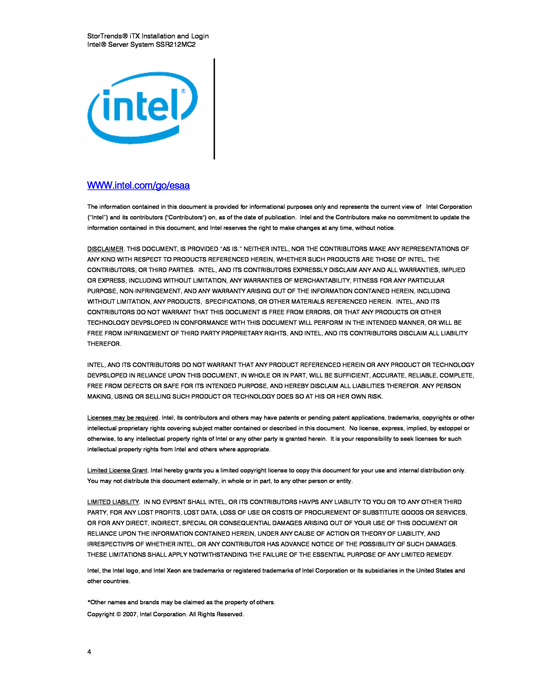 Intel manual StorTrends iTX Installation and Login, Intel Server System SSR212MC2 
