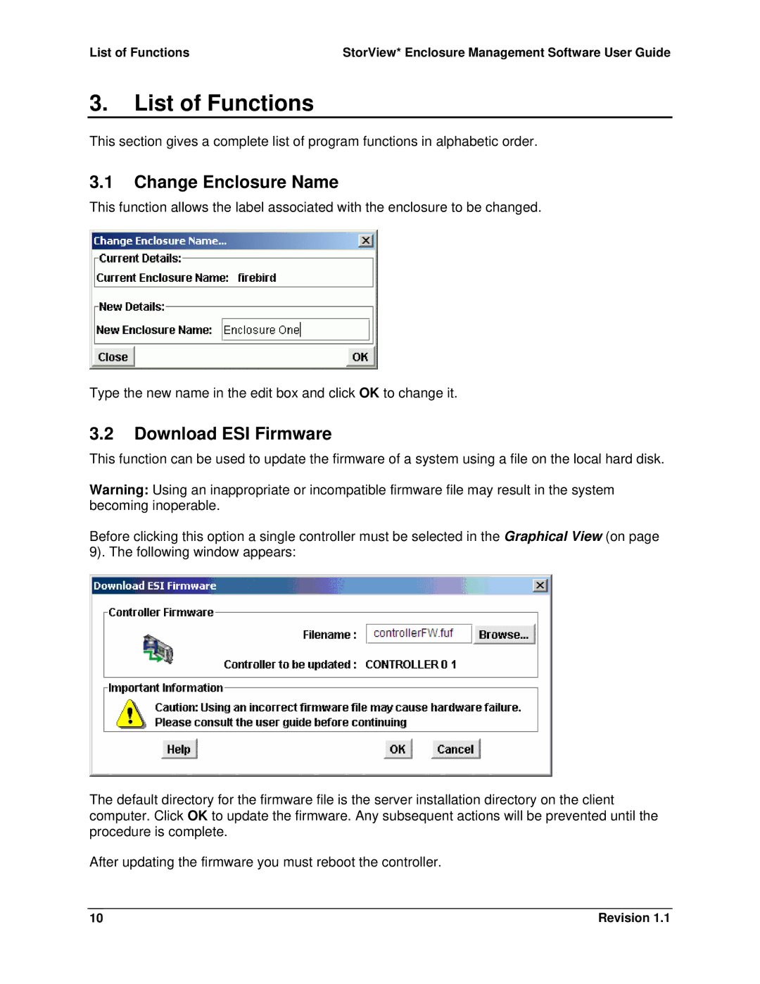 Intel SSR212MC2 manual List of Functions, Change Enclosure Name, Download ESI Firmware 