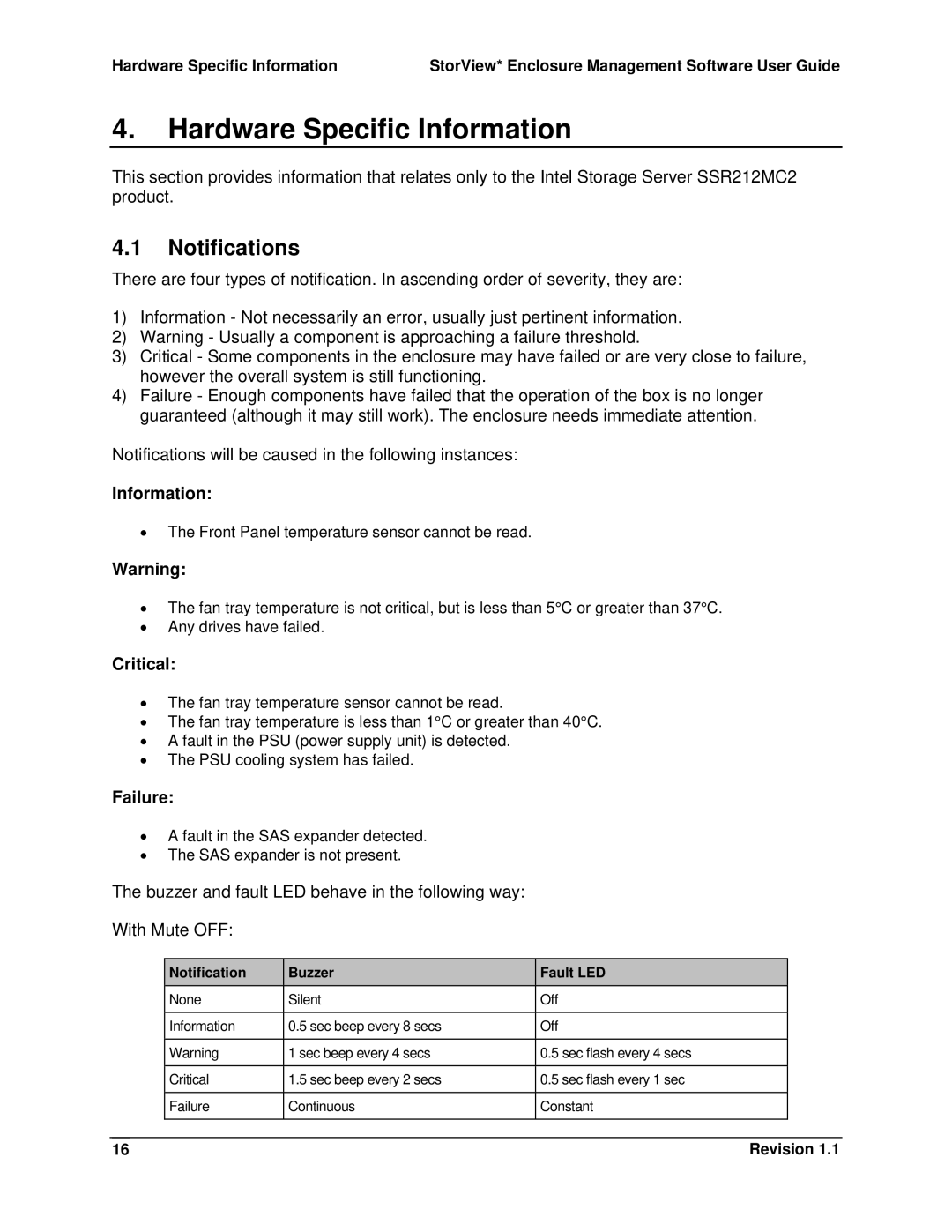 Intel SSR212MC2 manual Hardware Specific Information, Notifications, Critical, Failure 