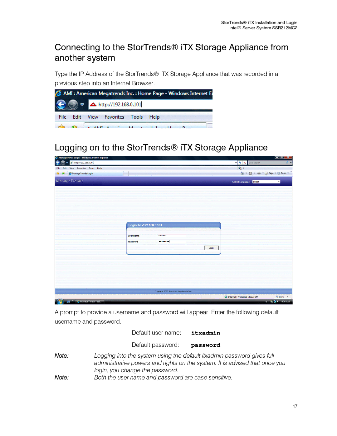 Intel SSR212MC2 manual Logging on to the StorTrends iTX Storage Appliance 