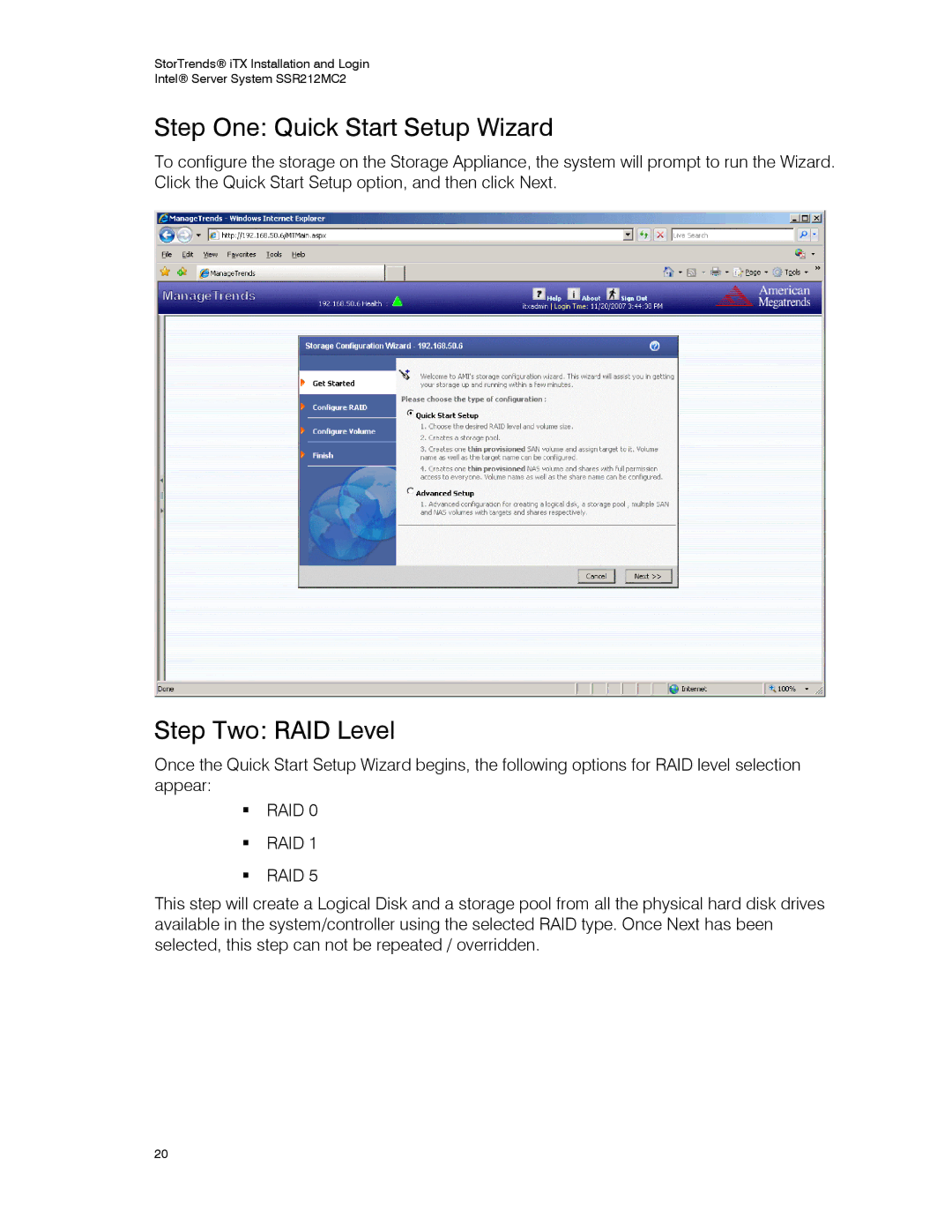 Intel SSR212MC2 manual Step One Quick Start Setup Wizard, Step Two RAID Level 