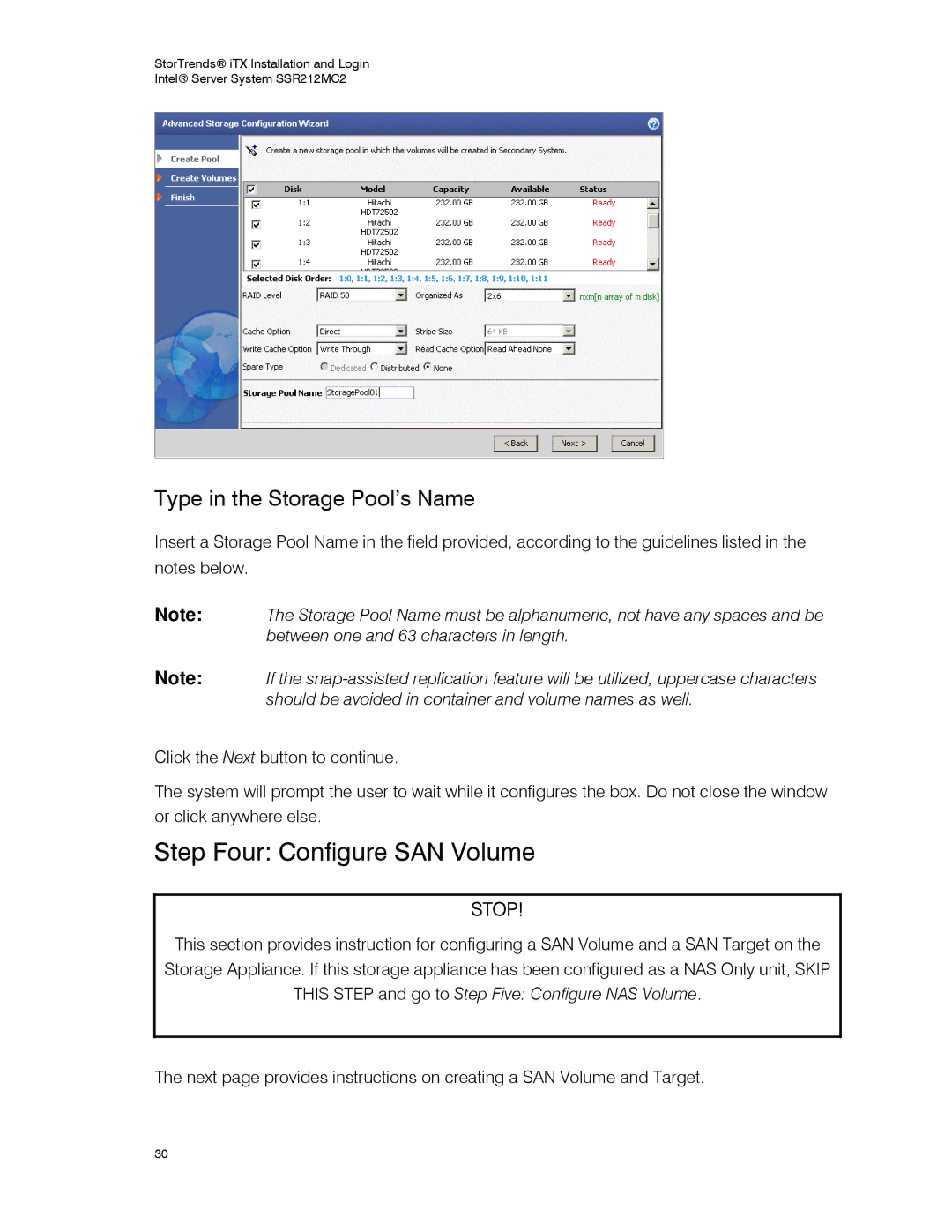 Intel SSR212MC2 manual Step Four Configure SAN Volume, Type in the Storage Pool’s Name 