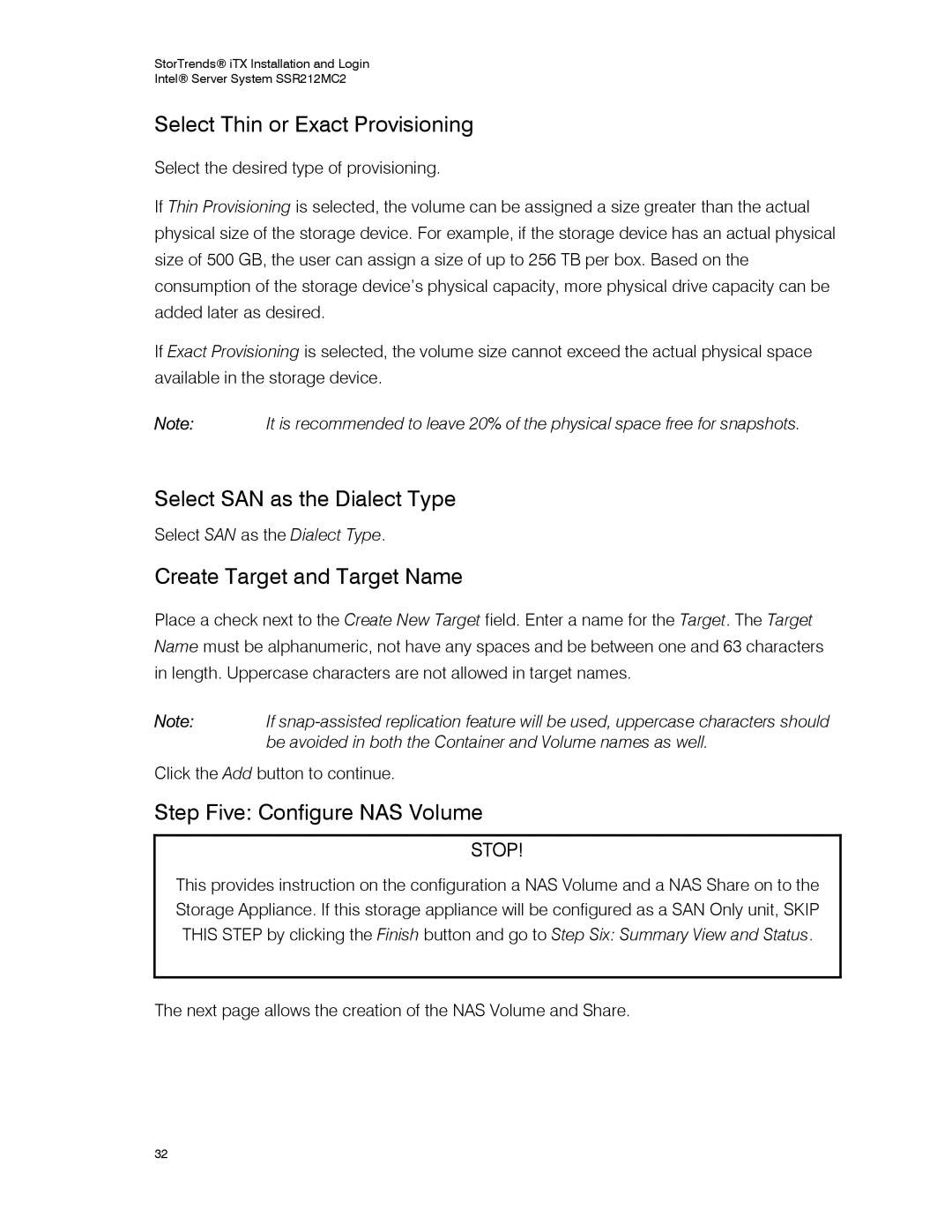 Intel SSR212MC2 manual Select Thin or Exact Provisioning, Select SAN as the Dialect Type, Create Target and Target Name 