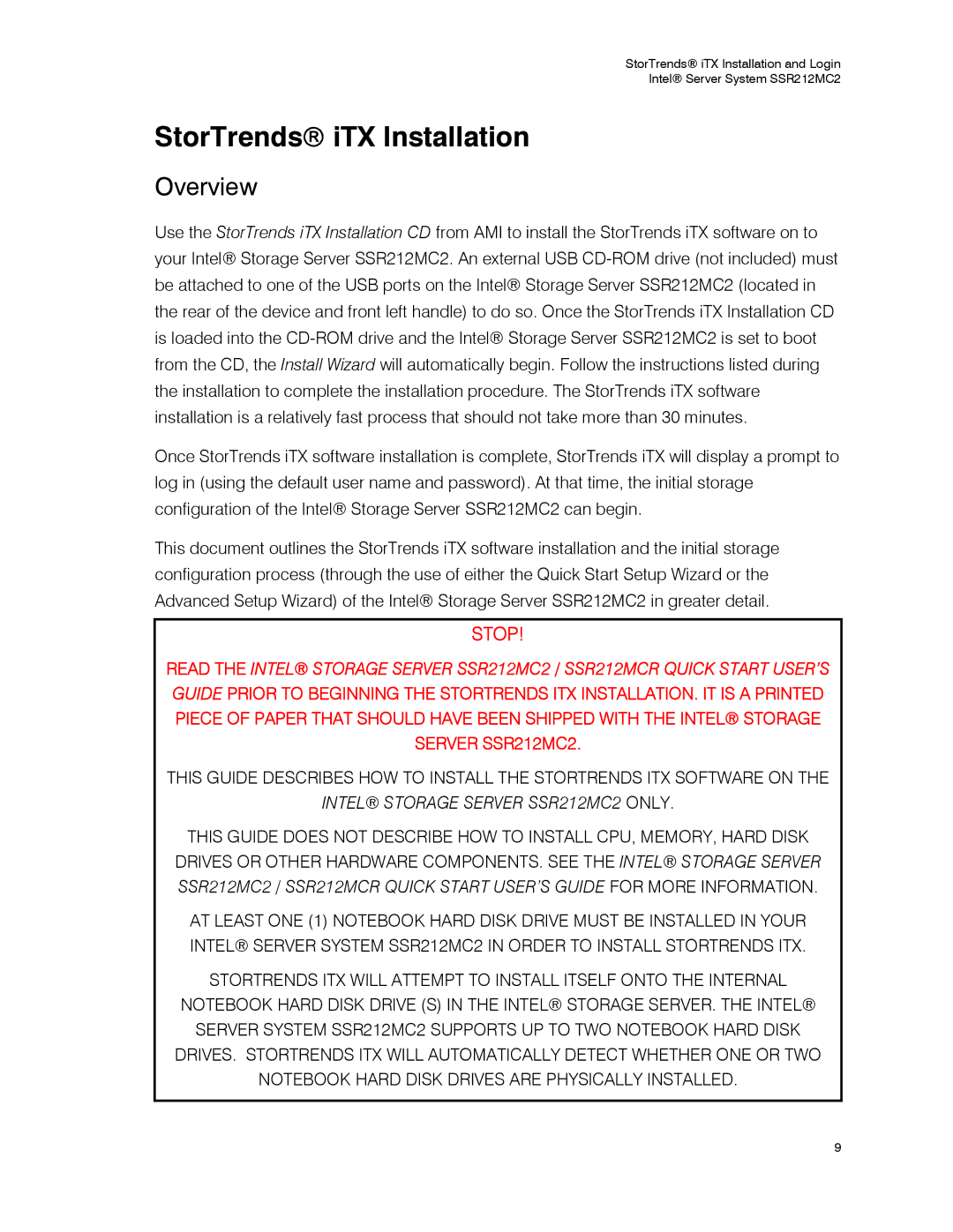 Intel SSR212MC2 manual StorTrends iTX Installation, Overview 