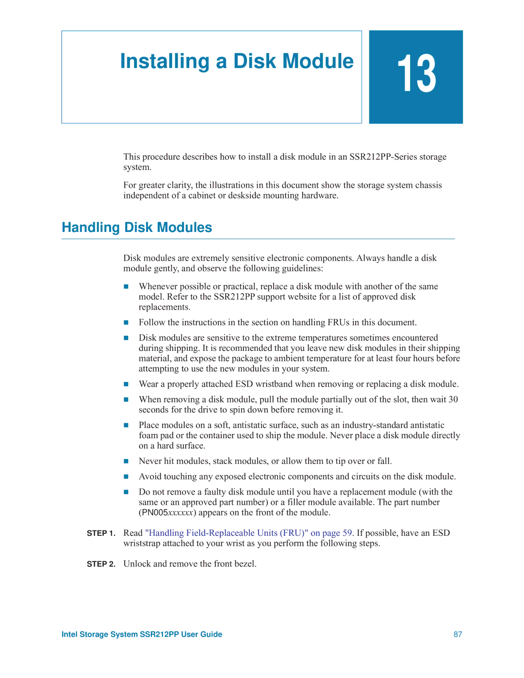 Intel SSR212PP manual Installing a Disk Module, Handling Disk Modules, Unlock and remove the front bezel 