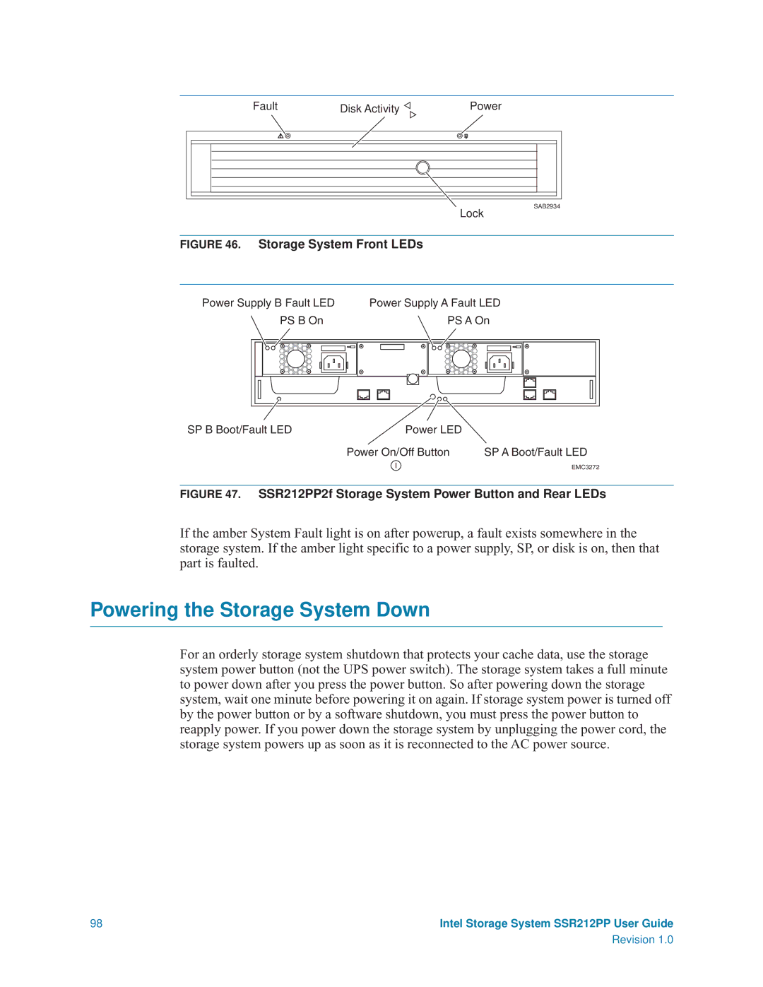 Intel manual SSR212PP2f Storage System Power Button and Rear LEDs 