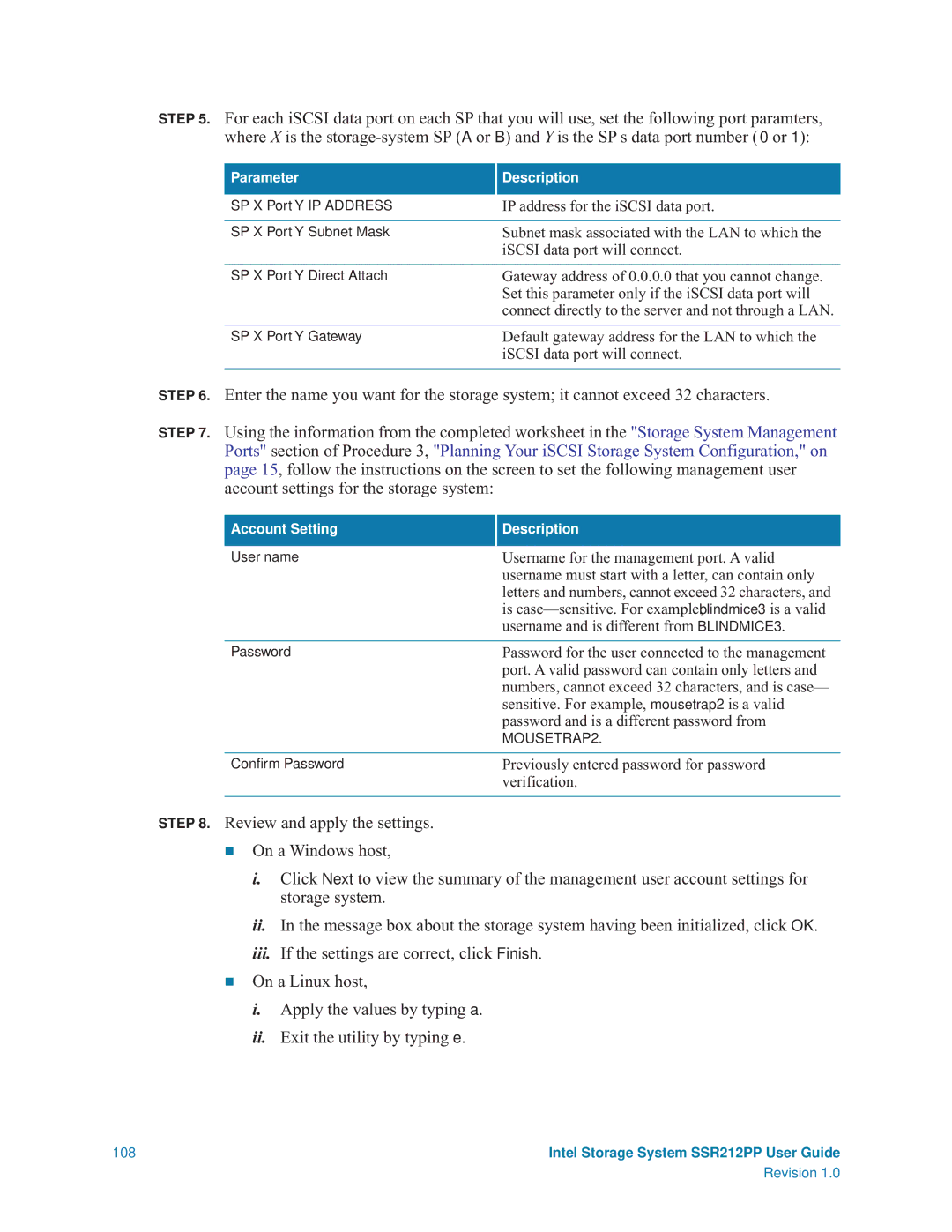 Intel SSR212PP manual IP address for the iSCSI data port 