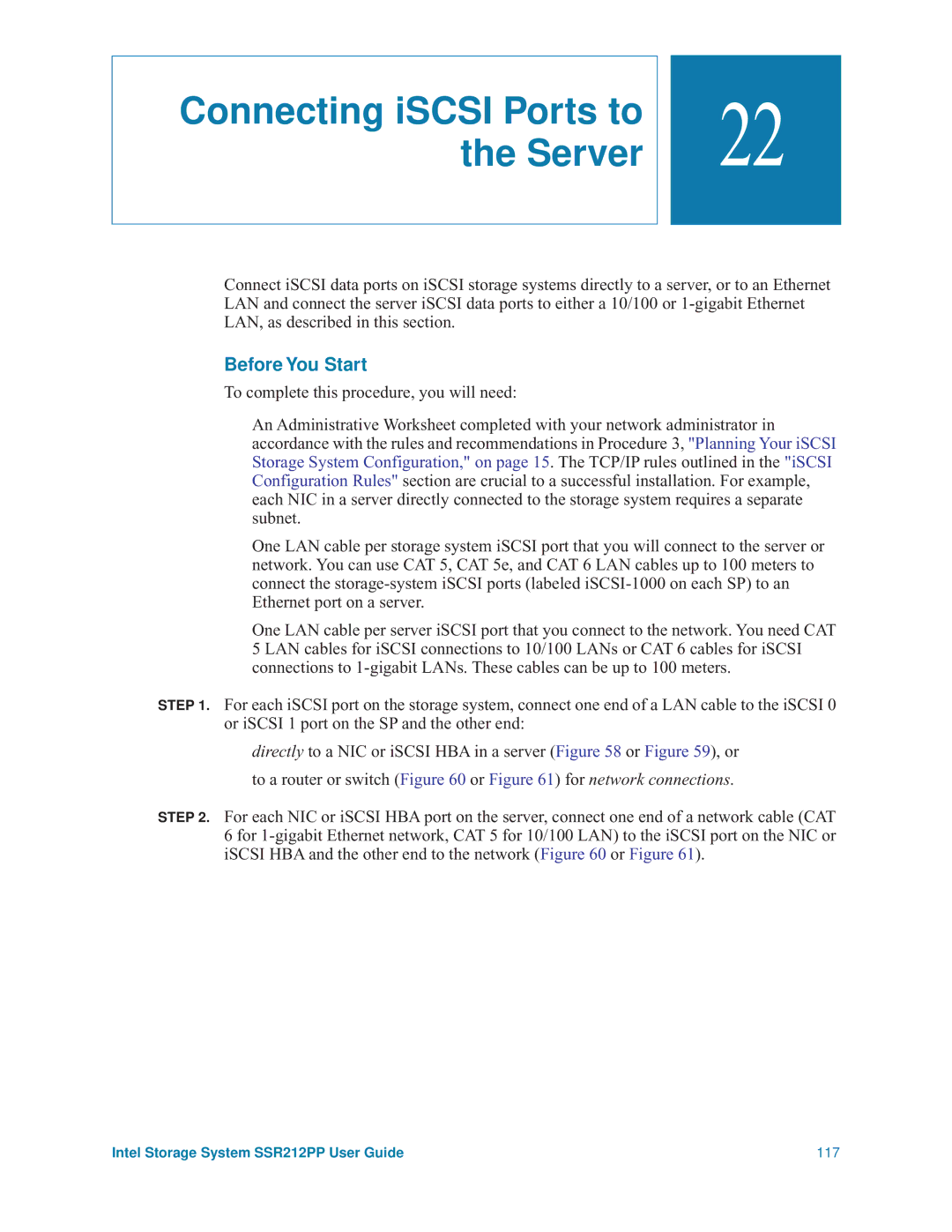 Intel manual Connecting iSCSI Ports to the Server, Intel Storage System SSR212PP User Guide 117 