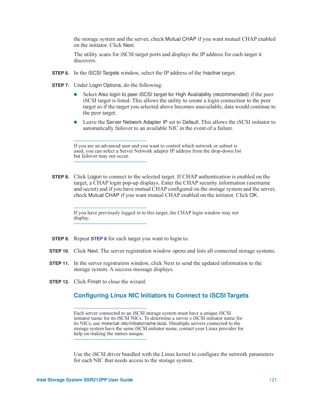 Intel SSR212PP manual Conﬁguring Linux NIC Initiators to Connect to iSCSI Targets 