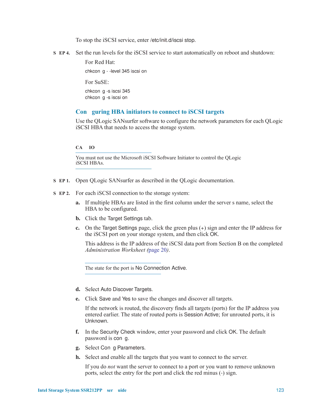 Intel SSR212PP manual Conﬁguring HBA initiators to connect to iSCSI targets, For SuSE 