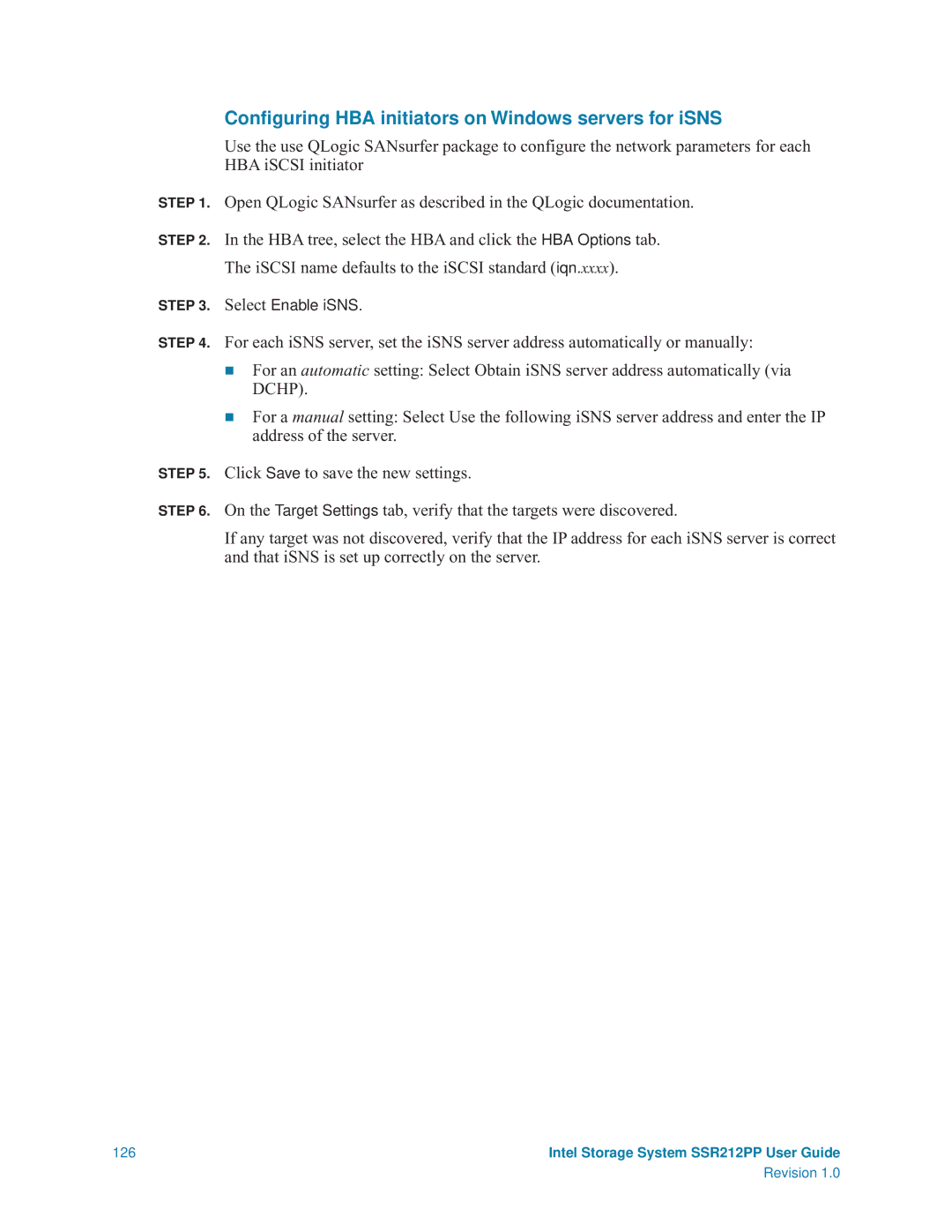 Intel SSR212PP manual Conﬁguring HBA initiators on Windows servers for iSNS, Dchp 