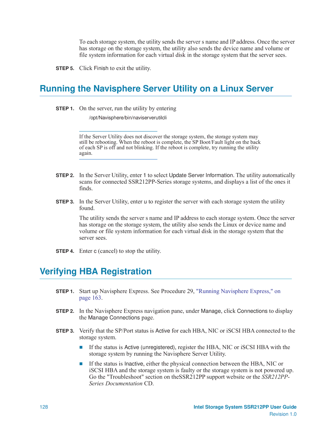 Intel SSR212PP manual Running the Navisphere Server Utility on a Linux Server, Verifying HBA Registration 