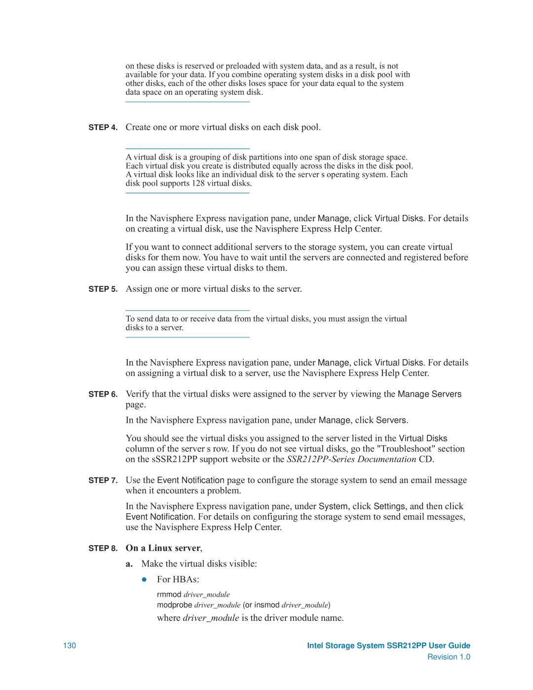 Intel SSR212PP manual Create one or more virtual disks on each disk pool, Make the virtual disks visible For HBAs 