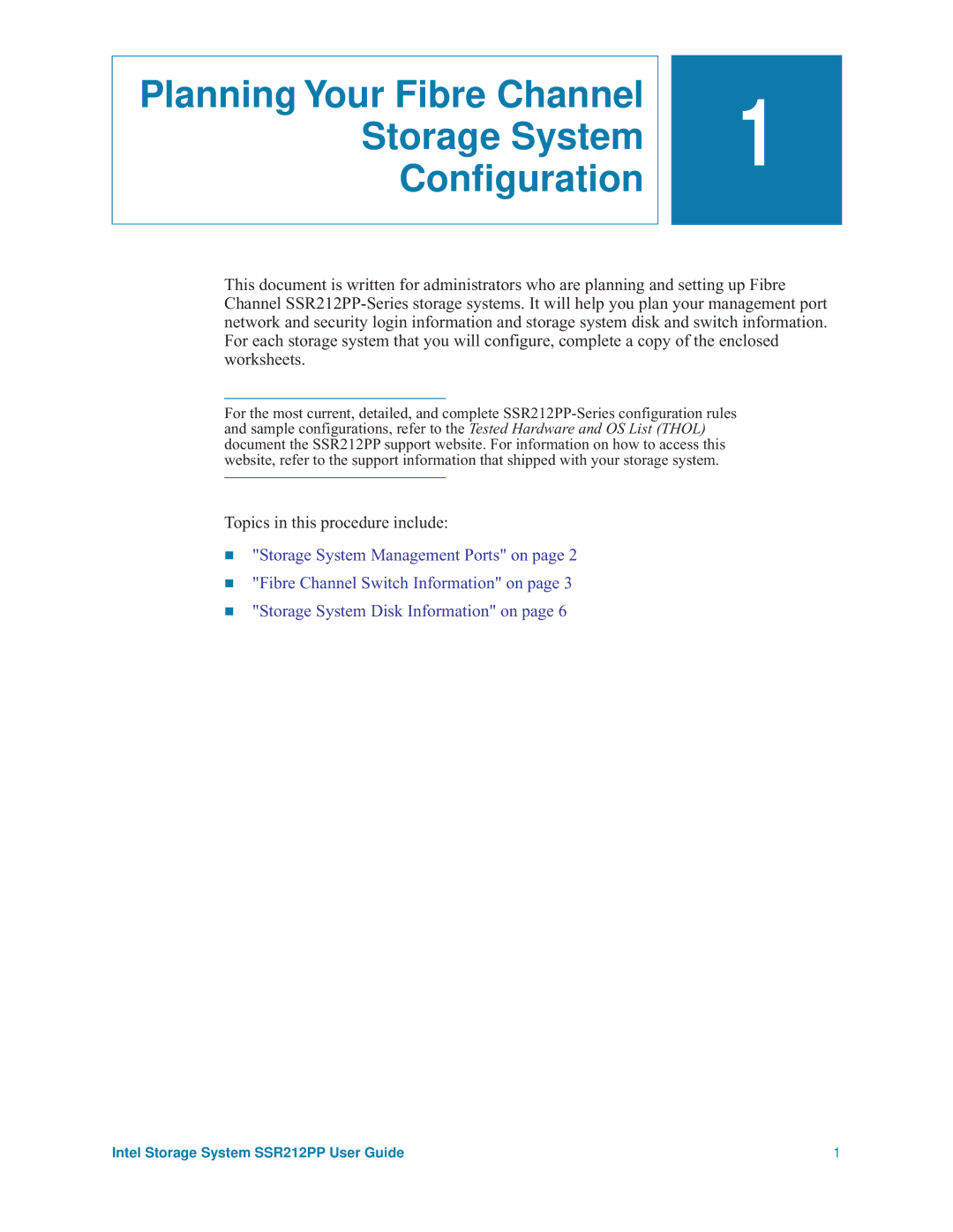 Intel SSR212PP manual Planning Your Fibre Channel Storage System Conﬁguration, Topics in this procedure include 