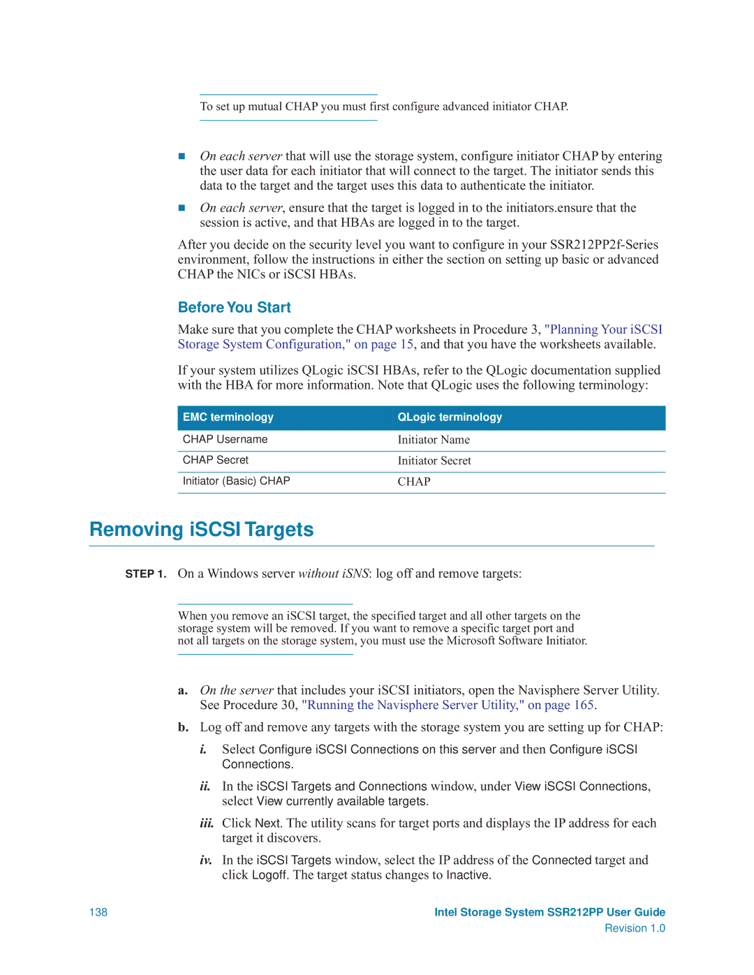 Intel SSR212PP manual Removing iSCSI Targets, On a Windows server without iSNS log off and remove targets 