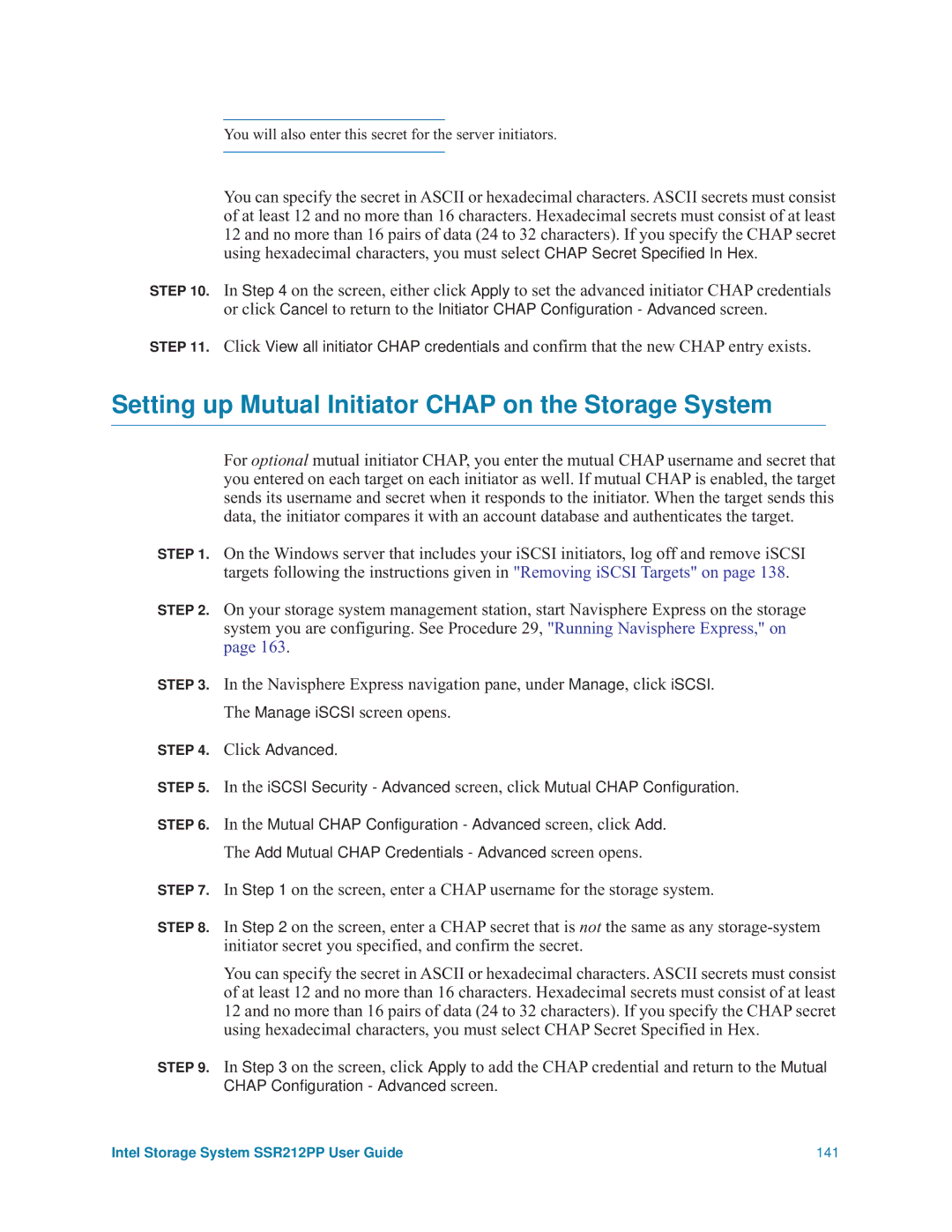 Intel SSR212PP manual Setting up Mutual Initiator Chap on the Storage System 