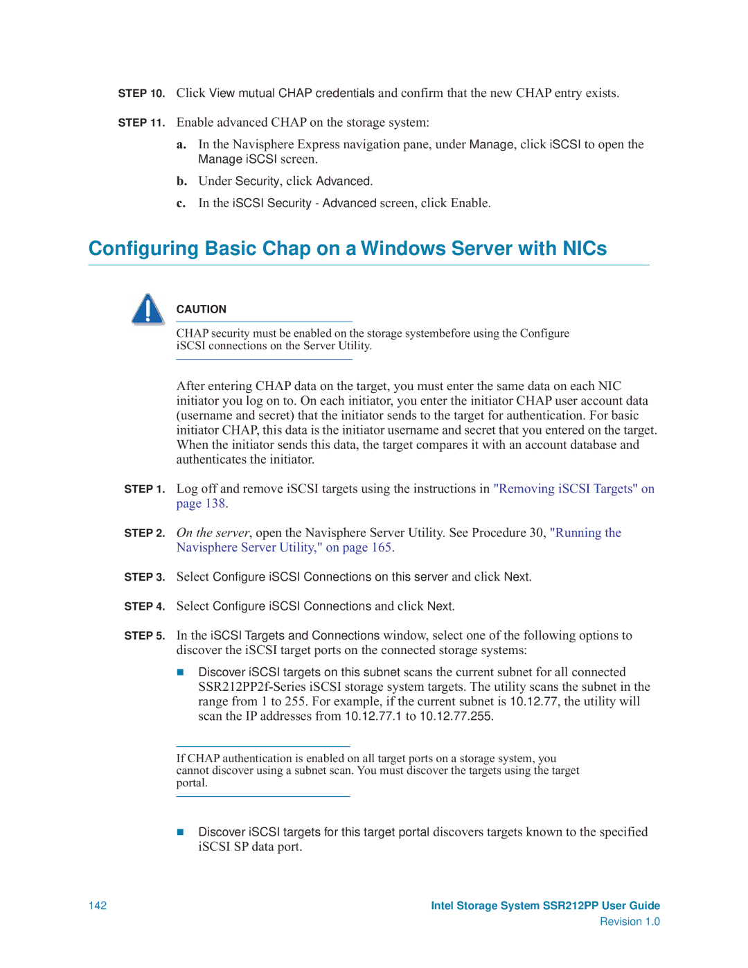 Intel SSR212PP manual Conﬁguring Basic Chap on a Windows Server with NICs, ISCSI Security Advanced screen, click Enable 