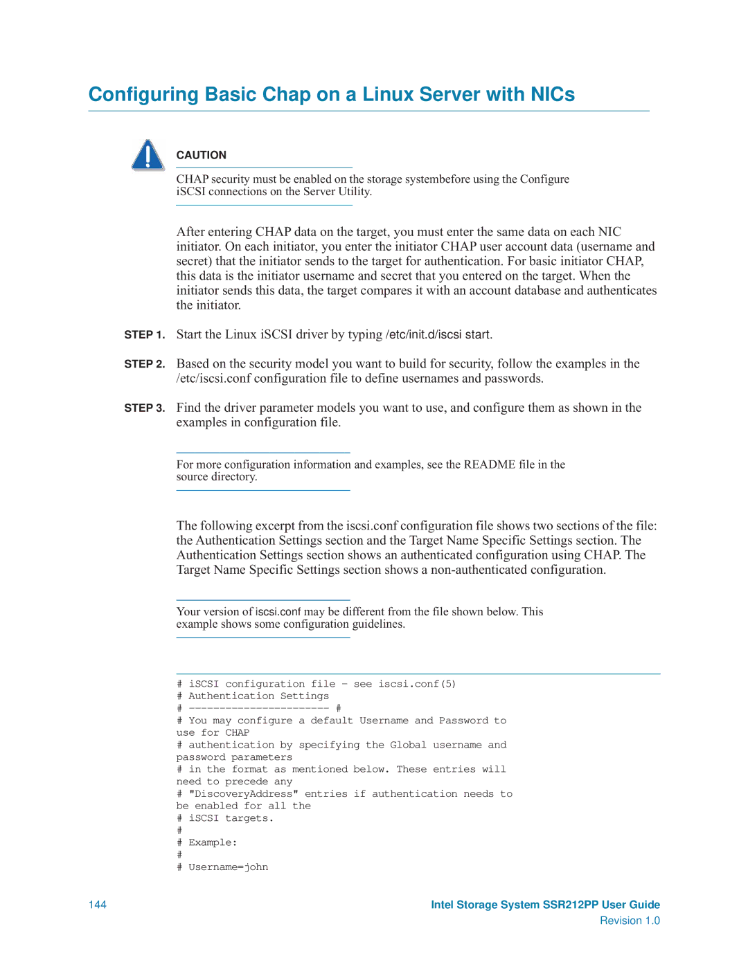 Intel SSR212PP manual Conﬁguring Basic Chap on a Linux Server with NICs 