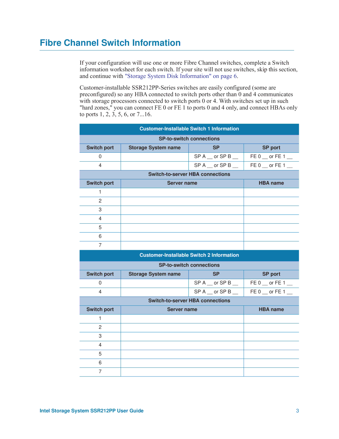 Intel SSR212PP manual Fibre Channel Switch Information, Customer-Installable Switch 1 Information 