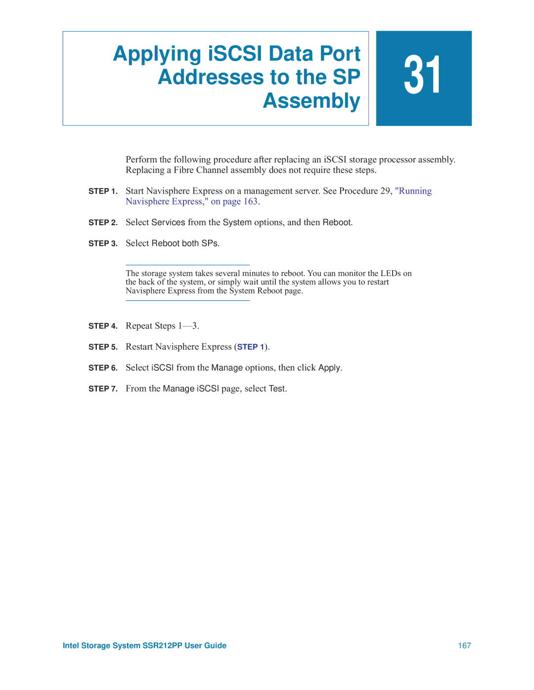 Intel SSR212PP manual Applying iSCSI Data Port Addresses to the SP Assembly, Select Reboot both SPs 