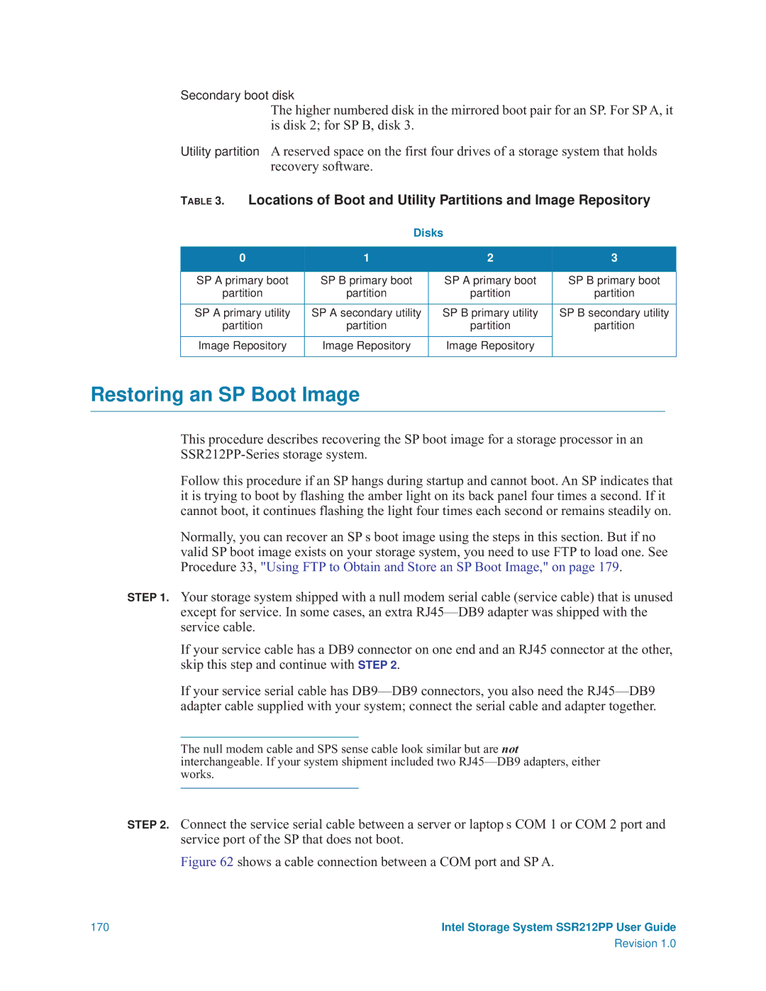 Intel SSR212PP manual Restoring an SP Boot Image, Shows a cable connection between a COM port and SP a 