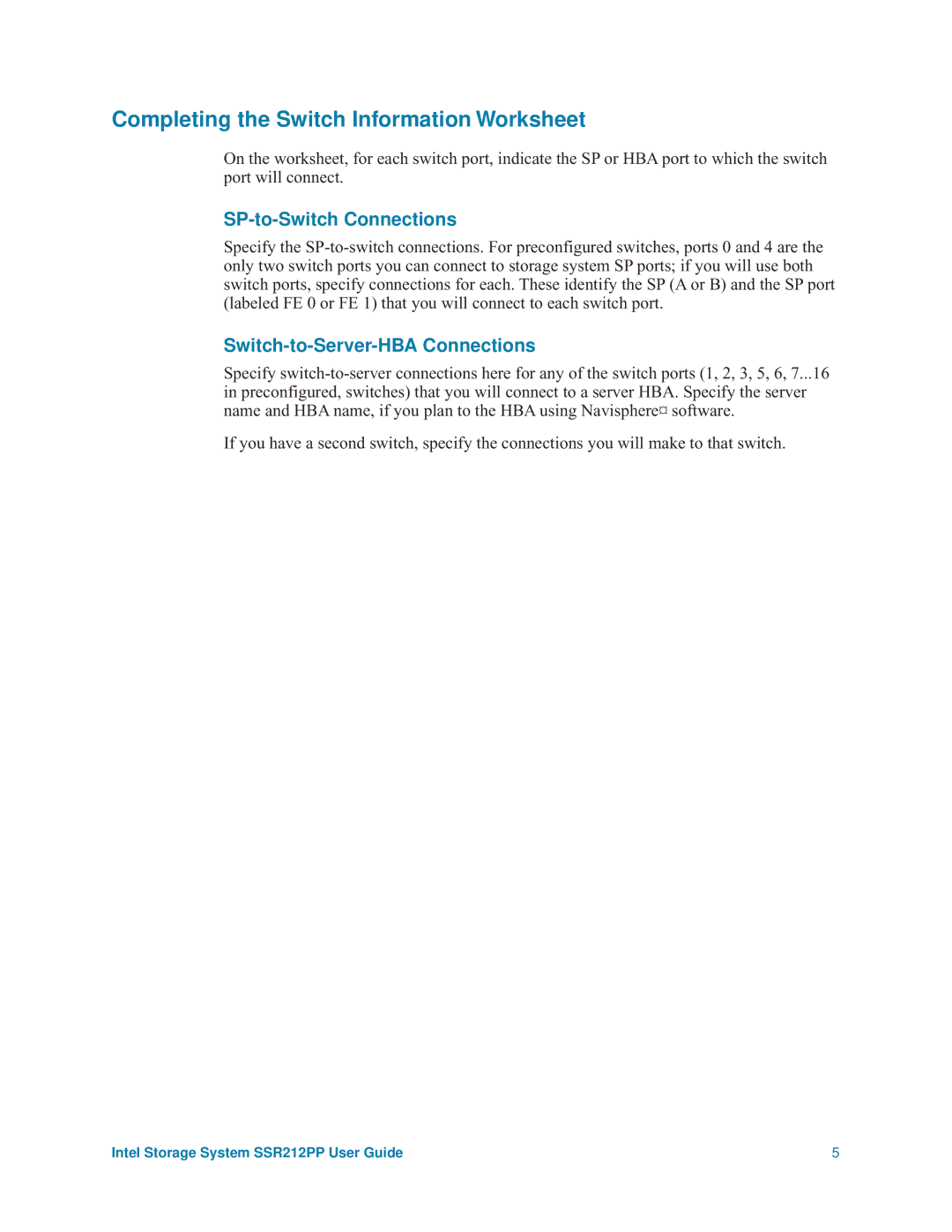 Intel SSR212PP manual SP-to-Switch Connections, Switch-to-Server-HBA Connections 