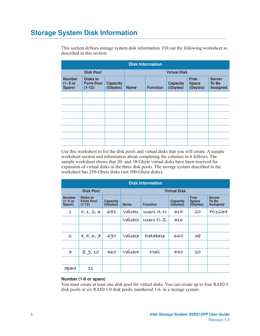 Intel SSR212PP manual Storage System Disk Information 