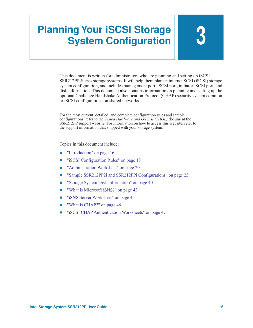 Intel SSR212PP manual Planning Your iSCSI Storage System Conﬁguration, Topics in this document include 